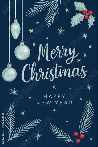 Obraz Merry Christmas greeting card design with gold tree ornament and winter snow decoration