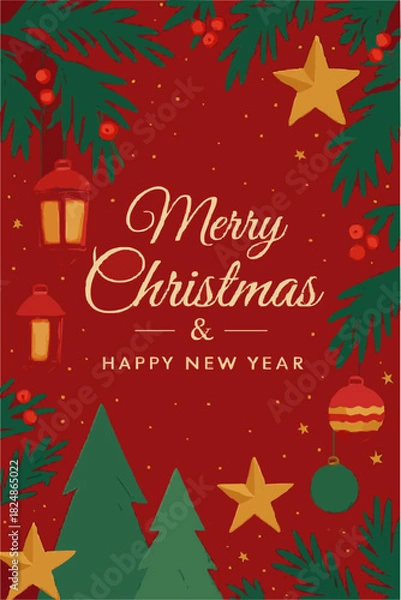 Fototapeta Merry Christmas card with festive holiday decoration and gold star ornament on a beautiful winter snow tree design