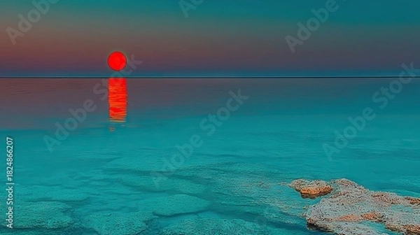 Fototapeta Vivid sunset reflection on tranquil water surface.