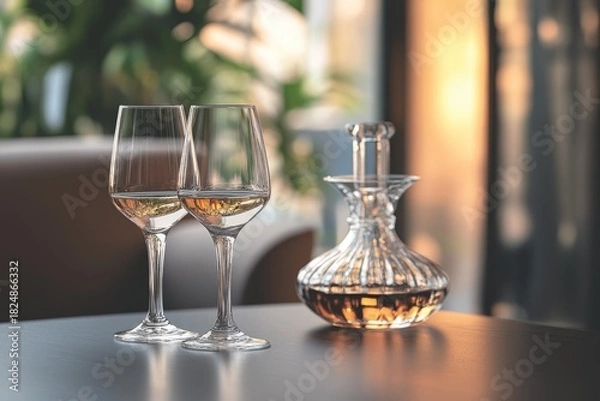 Fototapeta Elegant stemmed glasses and a ribbed decanter with amber liquid sit on a dark table. Soft window light creates a sophisticated ambiance.
