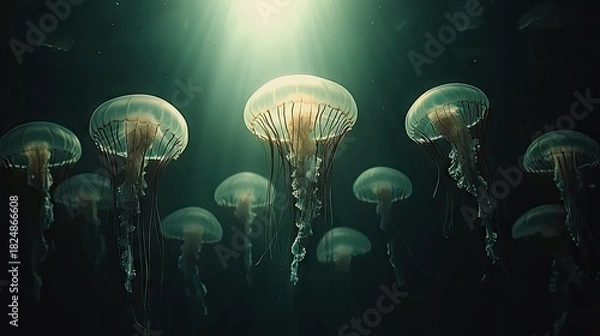 Fototapeta Submerged jellyfish illuminated by underwater light.