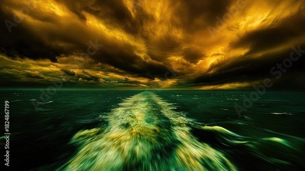Fototapeta Dramatic, fiery clouds above a dark ocean's wake.