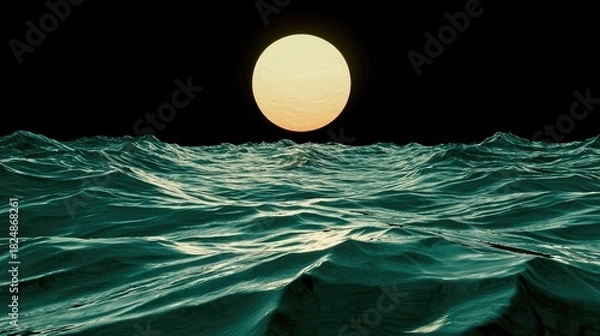 Fototapeta Vast, dark expanse of water with a luminous, round celestial body.