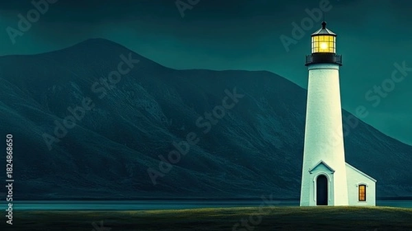 Fototapeta Luminous lighthouse stands guard over a tranquil evening scene.