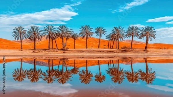 Fototapeta Colorful oasis reflected in a tranquil desert lake.