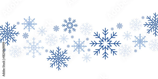 Fototapeta Blue snowflakes border illustration — winter background with various snowflake shapes in different sizes. Frozen icy design, cold seasonal decoration, Christmas and New Year theme. Perfect for holiday