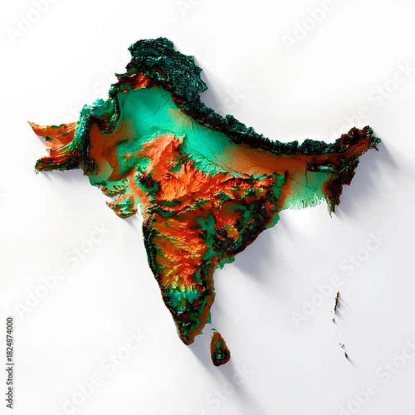 Fototapeta 3D rendering of the Indian maps of subcontinent topography, highlighting mountains, plateaus, and lowlands with color-coded elevation on a white background. Perfect for geography.