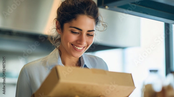 Fototapeta Customer's Anticipation: A smiling individual in a catering environment examines a takeout food order. This photo captures the excitement around receiving an anticipated meal.