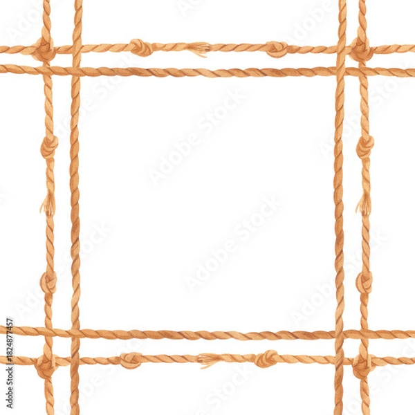 Fototapeta Hand-painted watercolor square frame made of twisted rope with sailor knots isolated on white. Nautical clipart border perfect for marine-themed designs, invitations, greeting cards and scrapbooking.