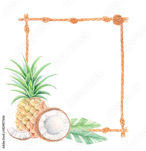 Fototapeta Watercolor tropical rope frame with pineapple, coconut and banana leaves. Food illustration isolated on white. Exotic fruits botanical vertical border for summer designs, menus, invitations, packaging