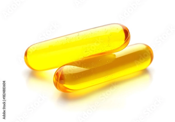 Obraz Golden Oil Capsules Closeup on White for Health and Nutrition on White Background