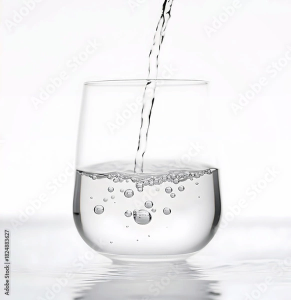 Fototapeta Pure Clear Water Pouring into Glass with Bubbles Motion Freeze on White Background