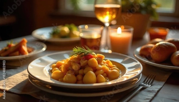 Obraz A cozy dining table set with a plate of pasta, a glass of wine, and a lit candle. Side dishes include salad and bread rolls, creating a warm atmosphere.