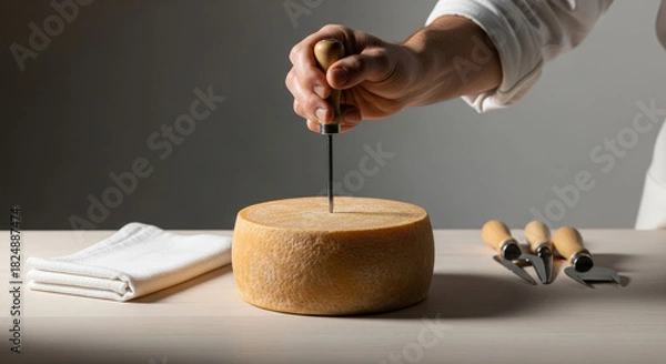 Obraz A hand holding a cheese knife is cutting into a round cheese wheel on a wooden table. Nearby, there are cheese tools and a white cloth.