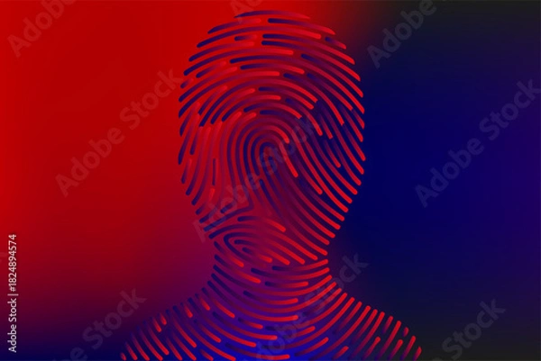Fototapeta Digital identity and biometrics concept. Human silhouette formed by fingerprint lines against a vibrant red and blue gradient background, symbolizing security and technology.