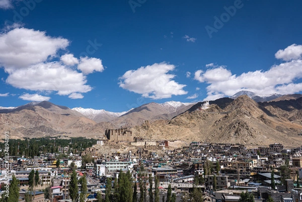 Fototapeta Leh, India - September 12, 2024: View of the city with Leh Palace and with snow capped mountains in the background
