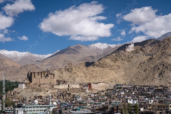 Fototapeta Leh, India - September 12, 2024: View of the city with Leh Palace and with snow capped mountains in the background