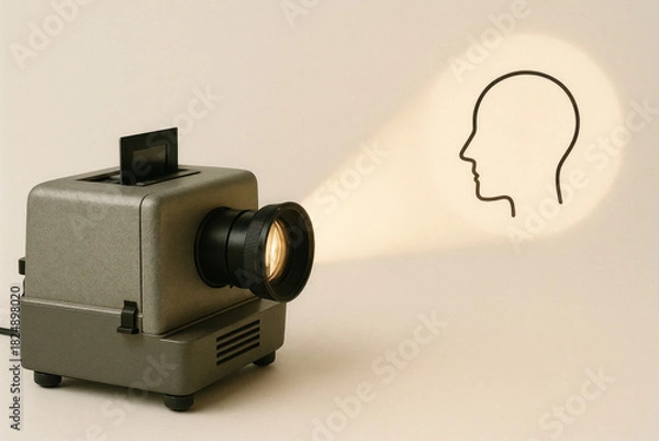 Obraz A retro projector that creates a projection of the head with a spiral inside.