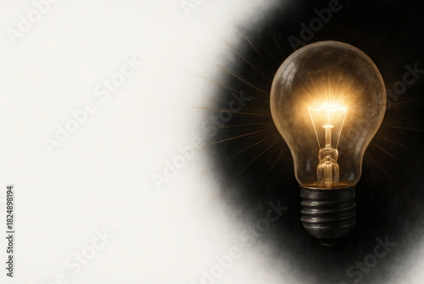 Obraz A glowing light bulb in the contrast of light and darkness. Space for text.