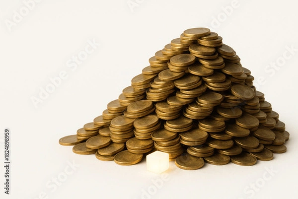 Obraz A pyramid of coins with an illuminated cube at the base. Space for text.