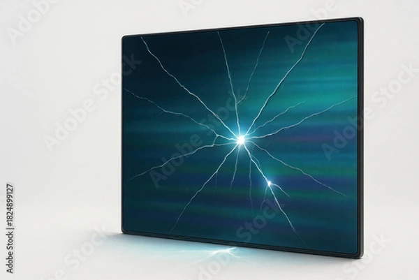 Obraz Glowing cracks on the glass panel in a darkened space. Space for text.