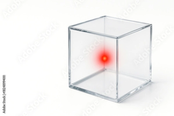 Obraz A transparent glass cube with a bright red dot inside. Space for text.