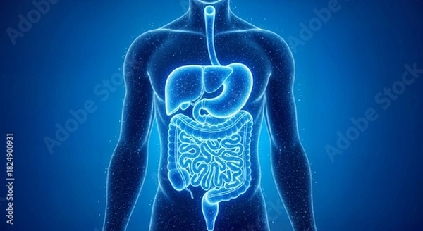 Fototapeta 3d rendering of the human digestive system glowing in blue within a translucent body