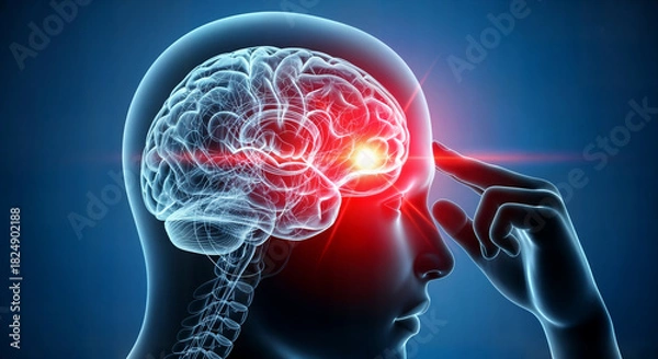 Fototapeta Human head with glowing brain, symbolizing pain, headache, or neurological condition