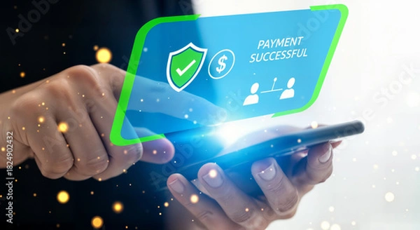 Fototapeta Secure online payment successful on smartphone with holographic display concept