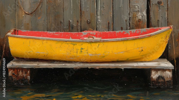 Fototapeta  Yellow and Red Canoe by Weathered Dock