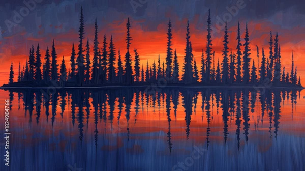 Fototapeta  Sunset Reflection Over Pine Tree Island