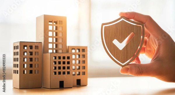 Fototapeta Property insurance and real estate security concept with shield and building models