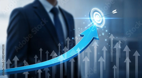 Fototapeta Businessman with a blue arrow pointing towards a target, symbolizing business growth and success