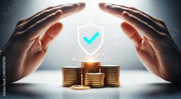 Fototapeta Hands protecting stacks of coins with a security shield, symbolizing financial safety