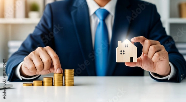 Fototapeta Man in suit holding a house model and stacking gold coins, symbolizing home investment