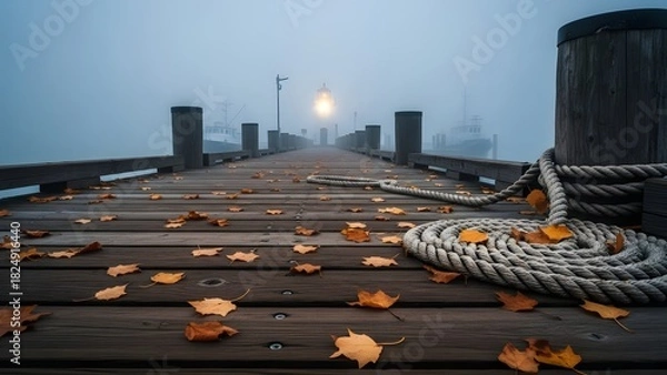 Fototapeta Wooden pier extending into thick fog with a single light illuminating the path and autumn leaves scattered on the planks