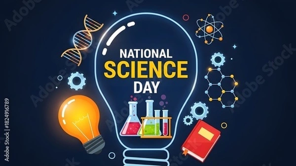 Fototapeta Illustration celebrating national science day featuring a light bulb, dna helix, molecules, and laboratory glassware against a dark background