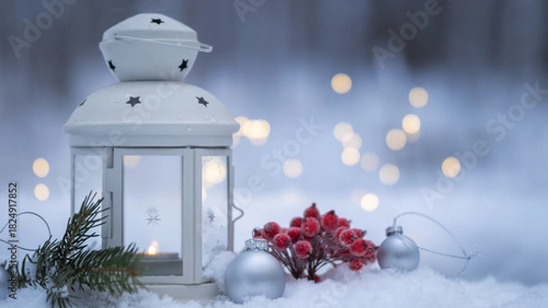 Fototapeta Christmas lantern with candle on snow in winter forest. Bokeh background with garland lights, silver balls