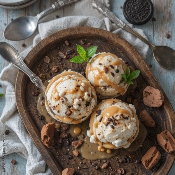 Fototapeta Vanilla cookie ice cream scoops in bowl with chocolate chips and spoon on fabric