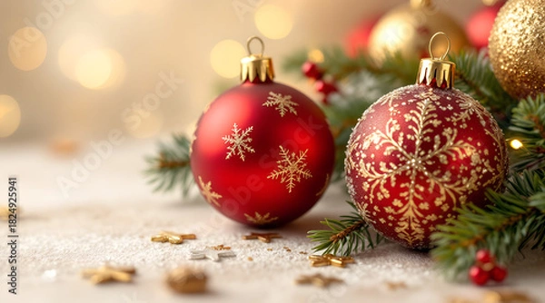 Obraz Festive close-up of red Christmas ornaments with golden patterns on a snowy surface, surrounded by evergreen branches. Warm bokeh lights create a bright, elegant holiday atmosphere perfect for seasona