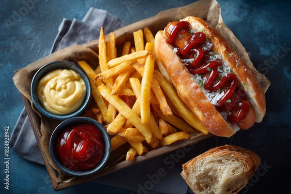 Fototapeta Pudełko z jedzeniem na wynos: hot dog polany sosem i duża porcja chrupiących frytek. Obok bułka, keczup i musztarda, widok z góry.