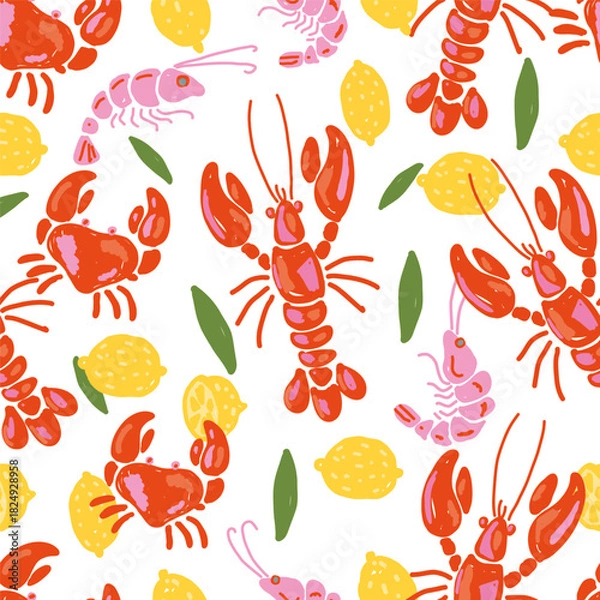 Obraz Lobsters, Crabs, Shrimps and Lemons Seamless Pattern on White Background Fun Mediterranean Seafood Design in Hand Drawn Style.