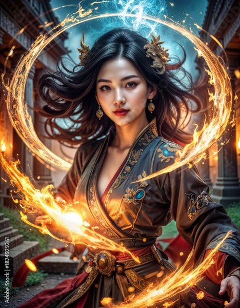 Obraz Asian lady conjuring up fire