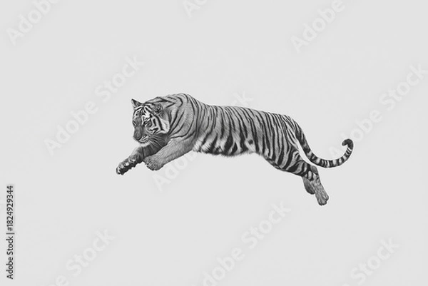 Fototapeta Czarno-białe zdjęcie skaczącego lub biegnącego tygrysa w powietrzu. Dynamiczne ujęcie tygrysa na gładkim, jasnym tle. Siła i majestat.
