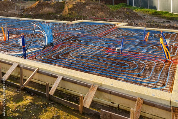 Fototapeta Underfloor heating installation with pipes and rebar grid prepared for concrete foundation