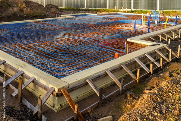 Fototapeta Underfloor heating system with pipes installed over rebar grid before concrete slab pouring