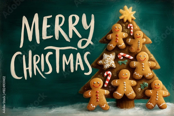 Fototapeta Kartka świąteczna: piernikowa choinka z ludzikami, gwiazdkami i cukrowymi laskami, na tle turkusowej deski i śniegu. Napis w stylu ręcznym "Merry Christmas".