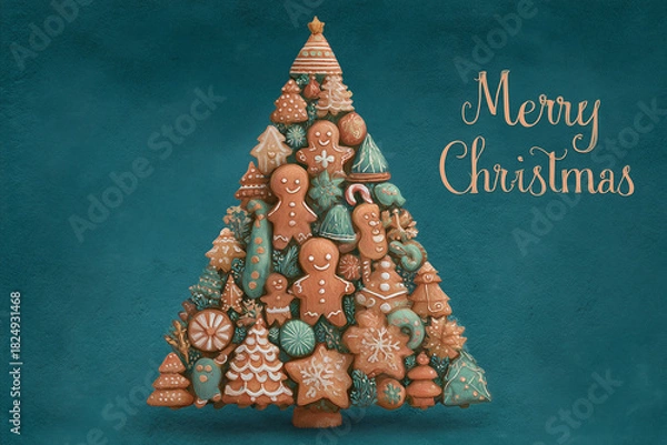Obraz Kartka świąteczna z choinką utworzoną z piernikowych ciasteczek w kształcie ludzików, gwiazdek i drzewek, w odcieniach brązu, bieli i turkusu. Napis 'Merry Christmas'.