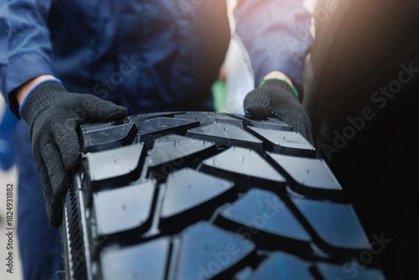 Obraz Maintenance service, replacing tires on wheels of industry truck in garage
