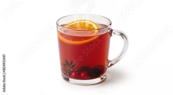 Fototapeta Glass cup of winter berry tea with orange slice and spices, cozy drink, copy space